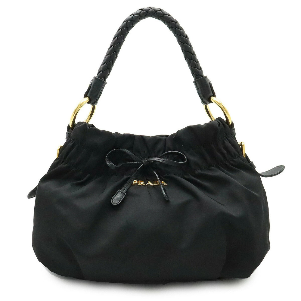 Prada Gathered Ribbon 2way Shoulder Bag Hobo Leather NERO Black